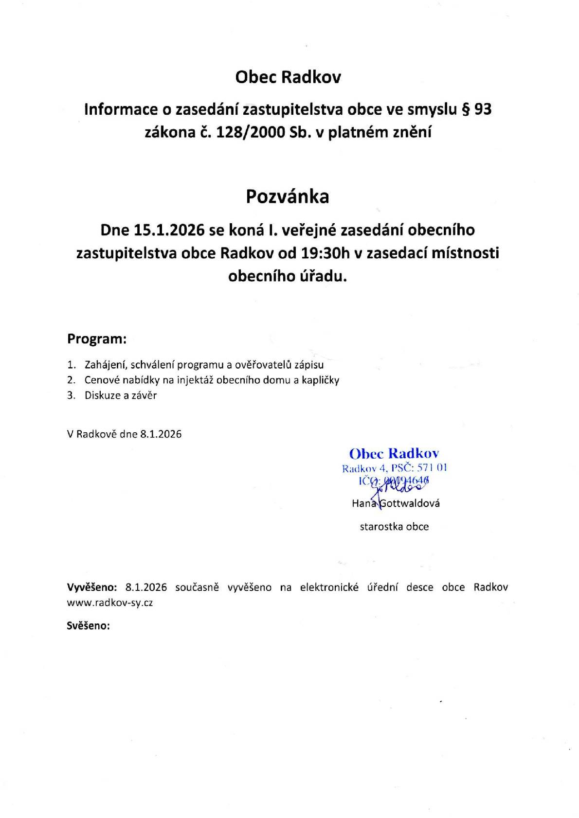 Pozvánka na I. veřejné zasedání 15.1.2026 od 19:30h