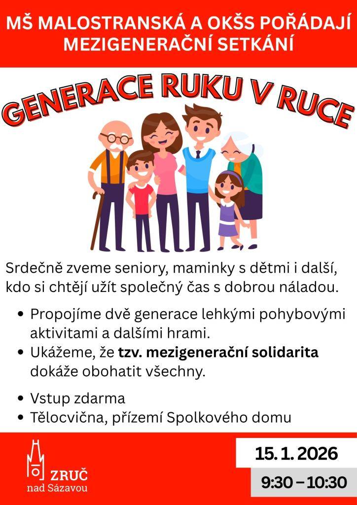 OKŠS a MŠ Malostranská pořádají mezigenerační setkání, které se bude konat 15. 1. 2026 od 9:30 do 10:30 v tělocvičně Spolkového domu. Zváni jsou senioři, maminky s dětmi i další, kdo si chtějí užít společný čas s dobrou náladou. Vstupné je zdarma. Těšíme se na vás.