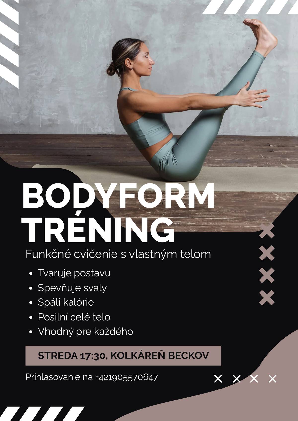 V Beckove spúšťame nové cvičenie BODYFORM – jemná sila, hlboký CORE, zdravý chrbát, formovanie postavy, prvky pilatesu, funkčných a stabilizačných cvikov v pomalšom tempe. Je to priestor pre ženy, ale aj mužov, ktoré chcú rásť — na tele aj vo vnútri. Čo získaš cvičením? - Spevnenie tela a hlbokého CORE – zdravý chrbát, pevné bruško, lepšie držanie tela - Formovanie postavy/ chudnutie - Vedomý pohyb + dych - Motivácia a vedenie – podpora, povzbudenie, spätná väzba Poď s nami cvičiť. Začni pracovať na sebe – jemne, vedome. Pridaj sa k nám a vstúp do výzvy „Sama nad sebou“. začíname 14.01.2026 v Kolárni Beckov - Prihlasovanie na 0905570647