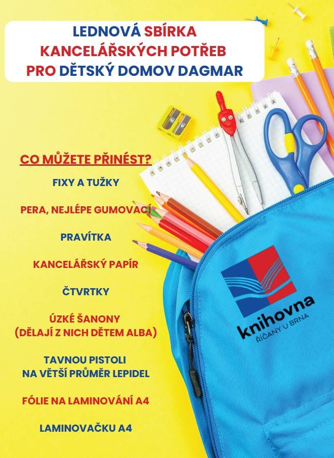Knihovna Říčany pořádá lednovou sbírku kancelářských potřeb pro DD Dagmar.  Sbíráme fixy a tužky, pera, kancelářský papír, úzké šanony...
