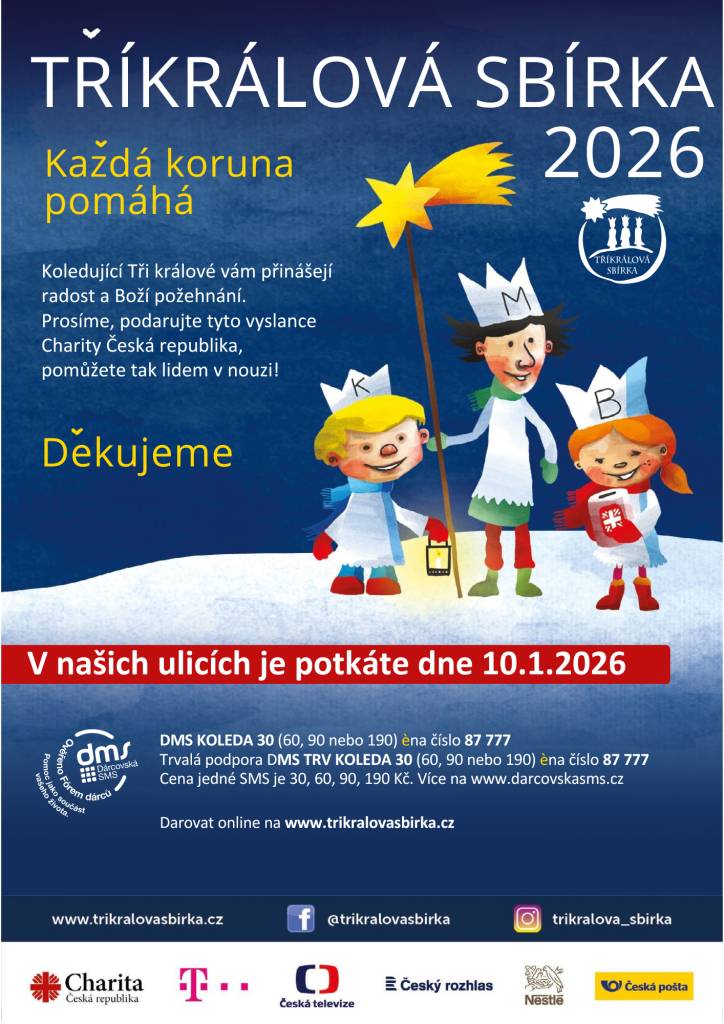 Oznamujeme občanům, že v sobotu 10.1.2026 se v Křešicích a Nučnicích uskuteční Tříkrálová sbírka. Tři králové budou vybaveni zapečetěnou kasičkou s logem Charity ČR.