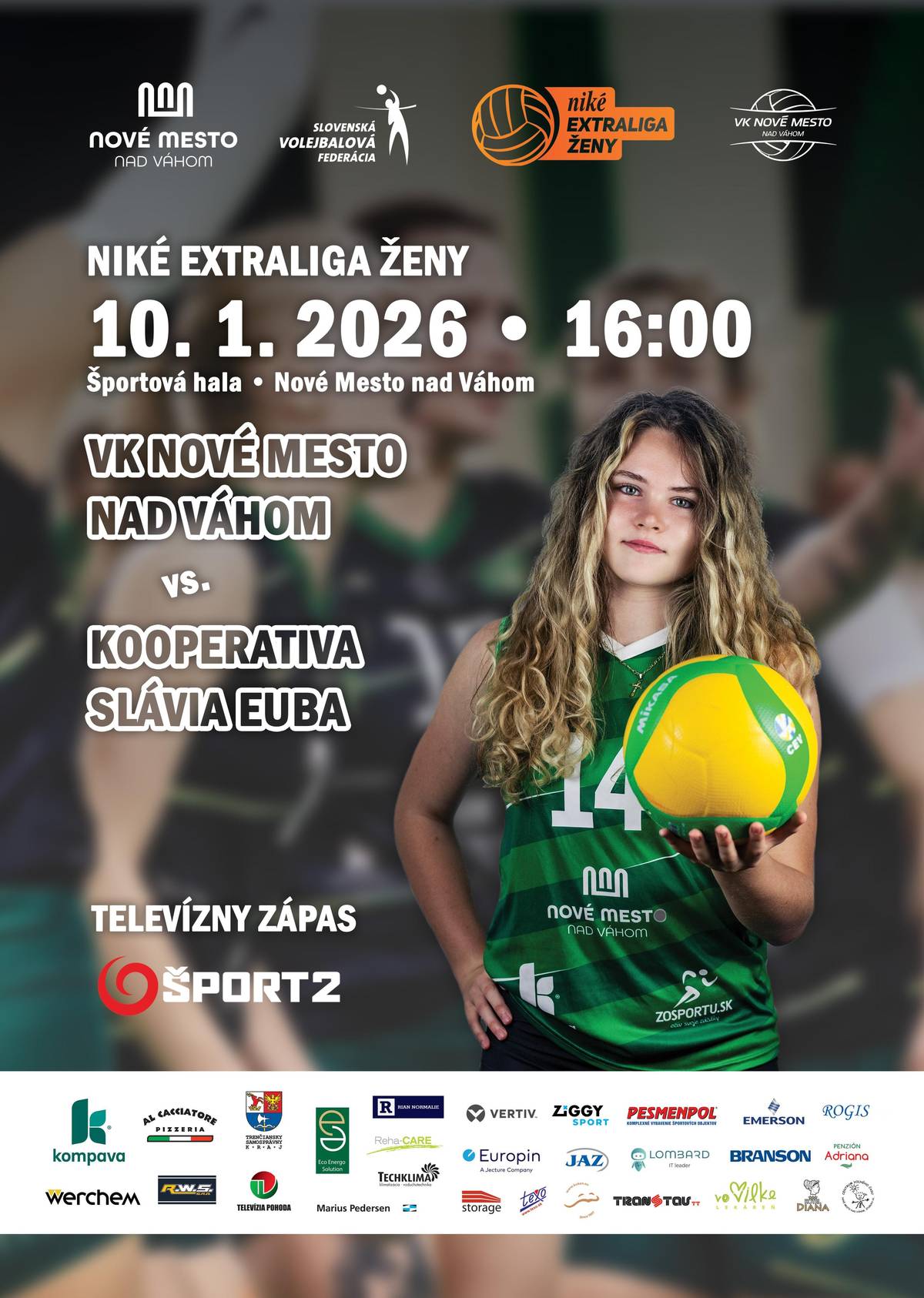 Pozývame Vás na domáci duel, ktorý bude zároveň prvým v novom roku 2026. Ten je na programe v sobotu 10. 1. 2026  so začiatkom netradične o 16:00. V zápase 14. kola Nike extraligy žien vyzveme aktuálne druhý tím najvyššej súťaže Slávia Kooperativa EU Bratislava.  Tak neváhajte a poďte snami volejbalovo odštartovať rok 2026. VK Nové Mesto nad Váhom