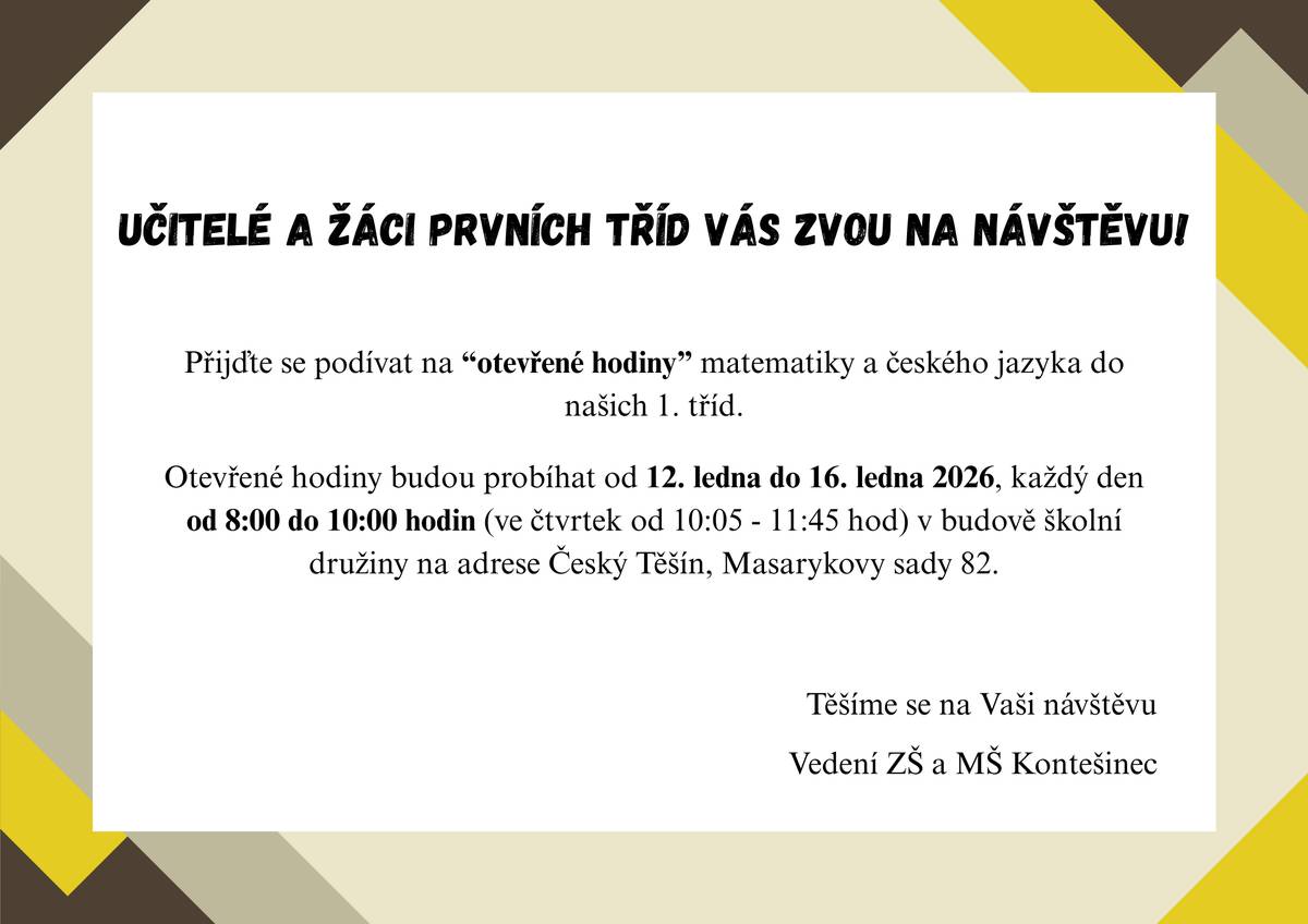 Základní škola Kontešinec srdečně zve na "otevřené hodiny" matematiky a českého jazyka a také na zápis do 1. tříd.