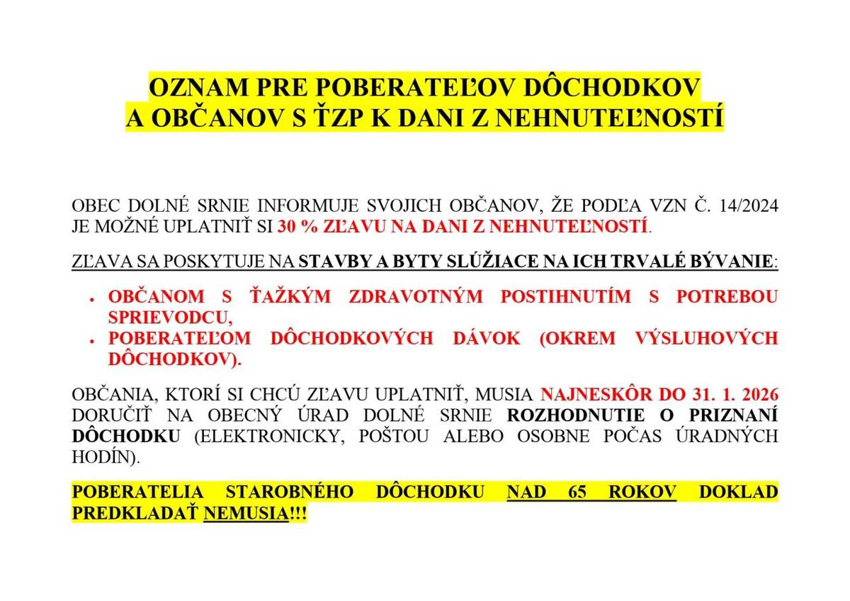 Oznam pre poberateľov dôchodkov a občanov s ŤZP k dani      z nehnuteľností
