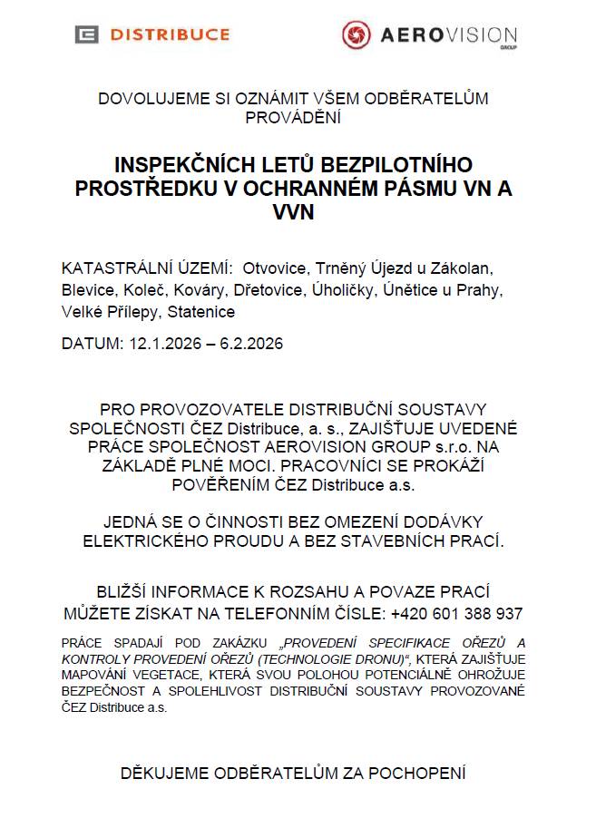 Oznámení o inspekčním letu bezpilotního prostředku v ochranném pásmu VN a VVN.
