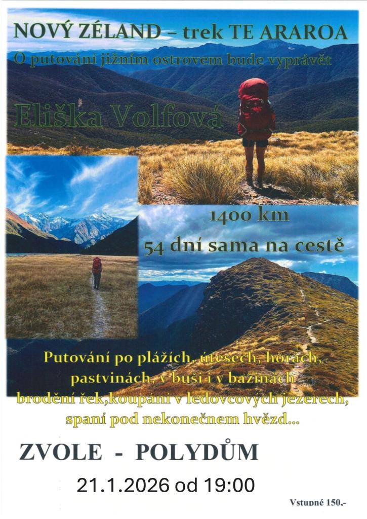 21.1.26 cestovatelské vyprávění Elišky Volfové o treku na Novém Zélandu