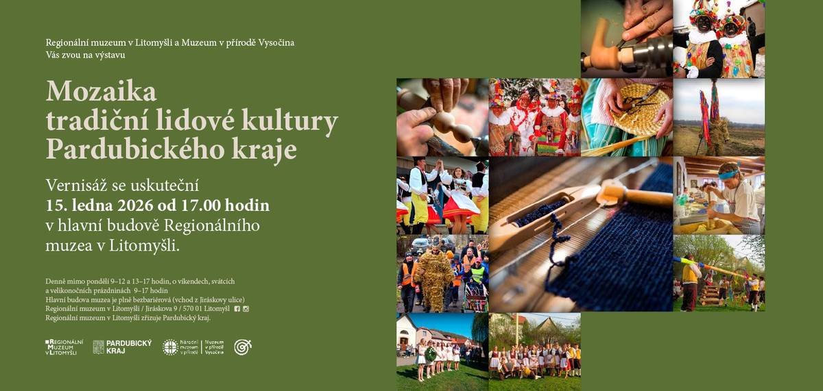 Zveme vás na Vernisáž - Mozaika tradiční lidové kultury Pardubického kraje, která se uskuteční ve čtvrtek 15. ledna od 17 hodin v hlavní budově Regionálního muzea v Litomyšli. Úvodem vystoupí Dětský folklorní soubor Třeničáček. Přijďte podpořit naše nejmenší při jejich vystoupení.