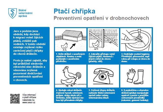 V prosinci 2025 byla v okrese Vyškov potvrzena ptačí chřipka. Prosíme všechny chovatele drůbeže, aby dbali na ochranu svých chovů a dodržovali preventivní opatření uvedená v tomto letáku. Pomůžete tím zabránit dalšímu šíření nákazy. Děkujeme.