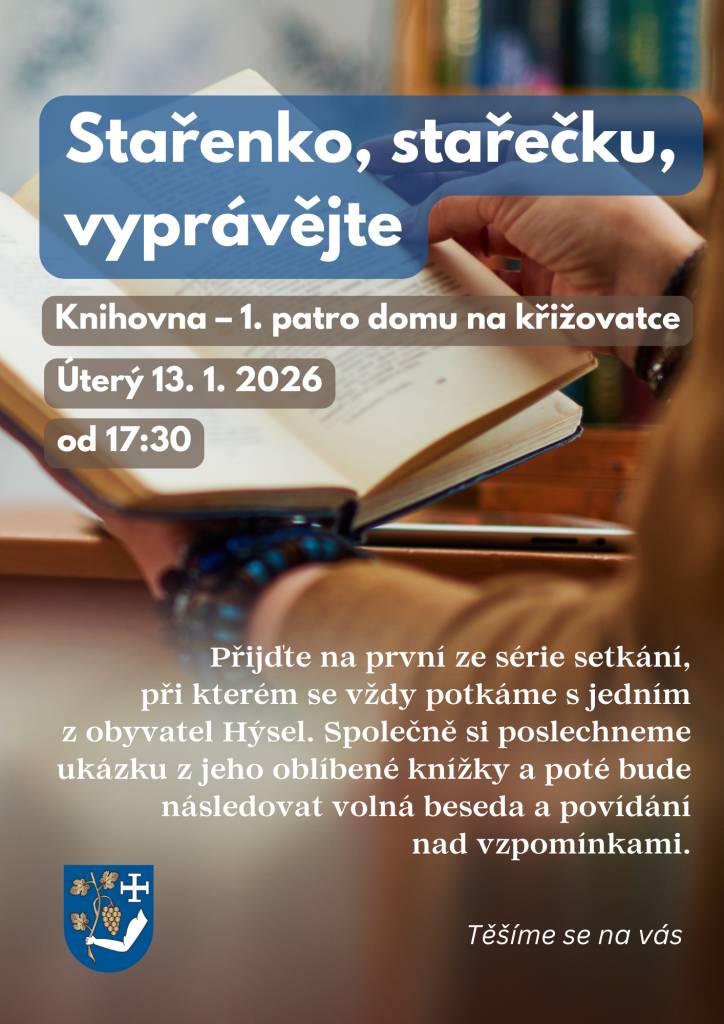 Zveme vás na první ze série setkání, které se koná v úterý 13. ledna 2026 v 17:30 v 1. patře knihovny na křižovatce. Můžete se těšit na zajímavé vyprávění a volnou besedu a povídání nad vzpomínkami.