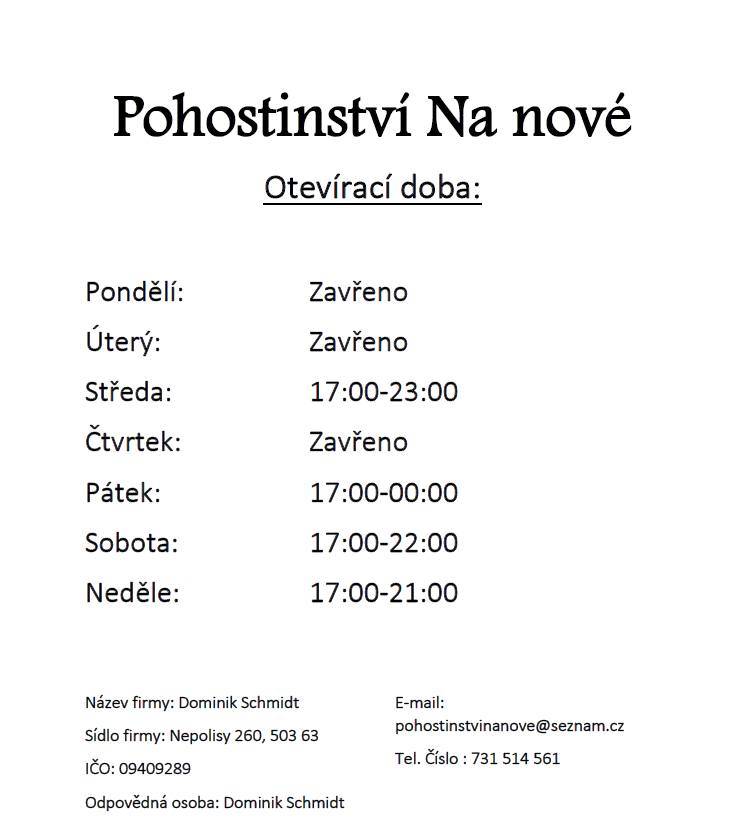 Nová otevírací doba pohostinství Na Nové platná od 5.1.2026.