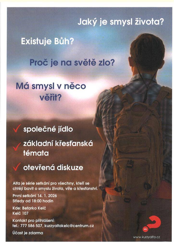 Hledáte odpovědi na základní otázky o životě, víře a smyslu? Chcete prozkoumat křesťanství v neformálním a přátelském prostředí bez předsudků?   Kurz Alfa je série setkání (10 večerů + 1 sobotní dopoledne) Každé setkání začíná společným jídlem. Následuje přednáška na zajímavé téma.