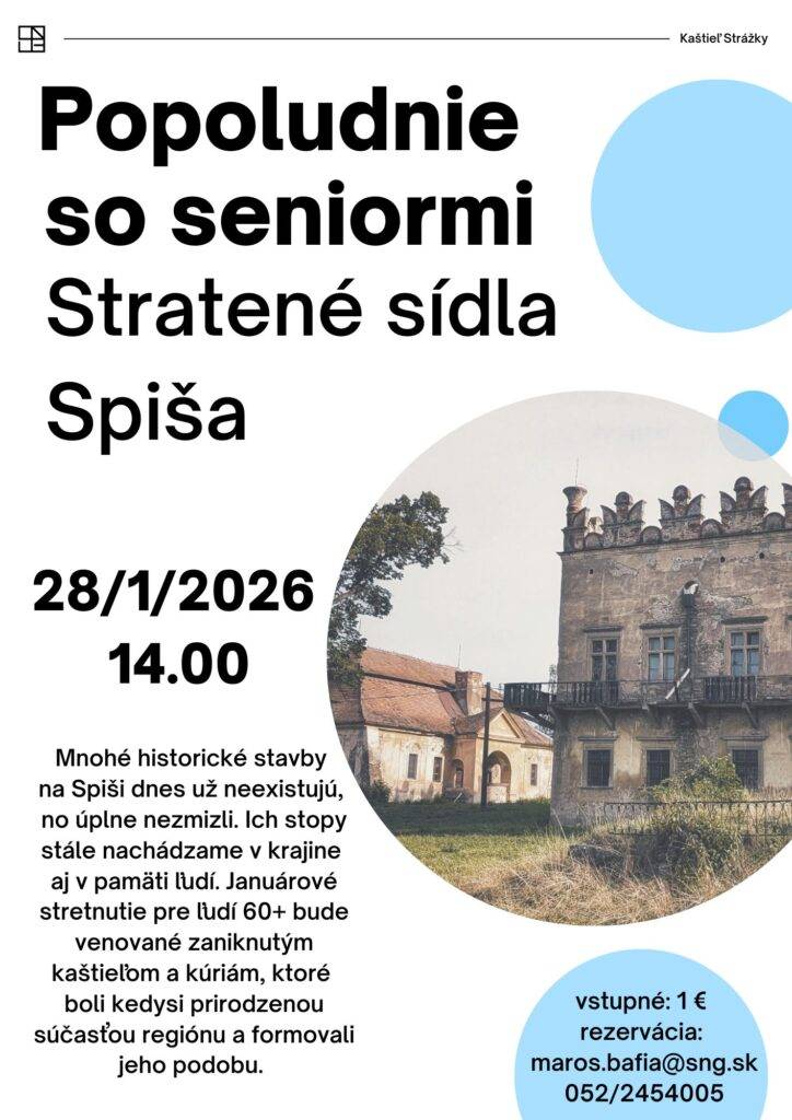 Popoludnie so seniormi/ Stratené sídla Spiša 28.1.2026   14.00 Mnohé historické stavby na Spiši dnes už neexistujú, no úplne nezmizli. Ich stopy stále nachádzame v krajine aj v pamäti ľudí. Januárové...