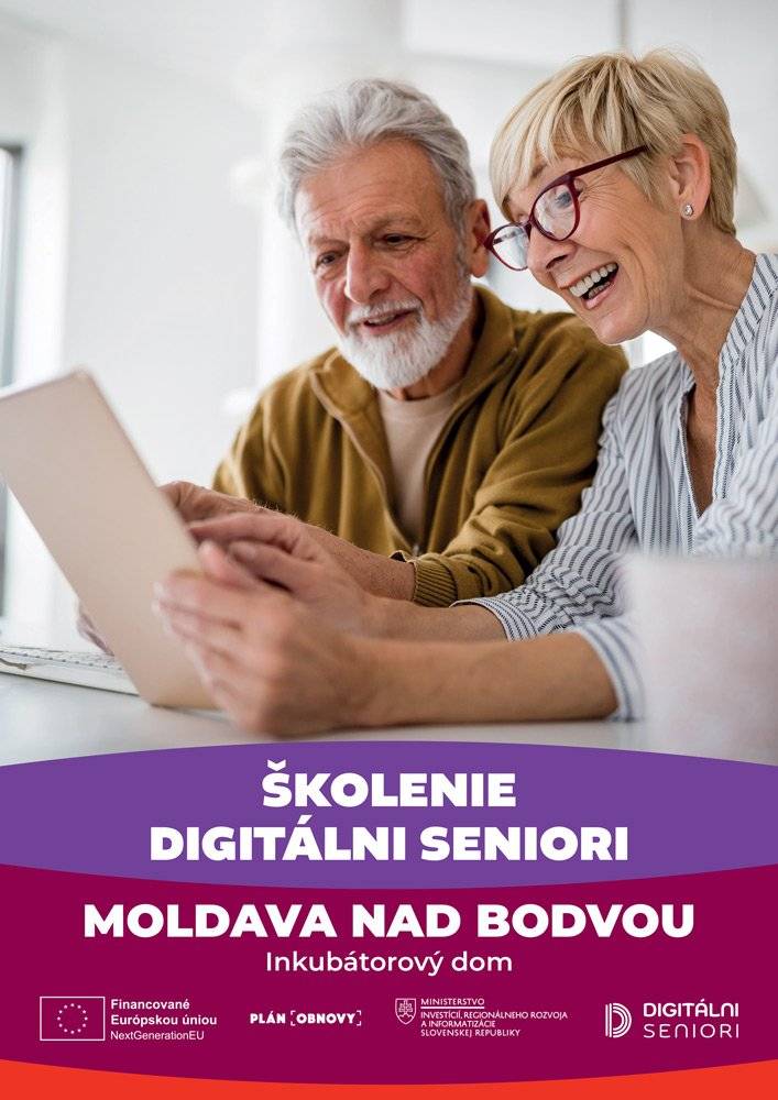 Začiatkom roka 2026 projekt Digitálni seniori v našom meste pokračuje ďalšími školeniami v priestoroch Inkubátorového domu na Školskej ulici v Moldave nad Bodvou. Jeho cieľom je pomôcť seniorom vo veku od 65 rokov a znevýhodneným osobám zvládnuť moderné technológie a uľahčiť im každodenný život prostredníctvom digitálnych zručností formou vzdelávacích školení. Každý účastník školenia si osvojí prácu s tabletom, ktorý po absolvovaní školenia dostane zdarma spolu s dátovým balíkom.  Prihlásení seniori zaradení do projektu dostali SMS správu, ktorá obsahovala jedinečný identifikátor, ako aj podrobné informácie o mieste, termíne a čase spustenia ich školenia. Do projektu je stále možné prihlásiť sa. Viac informácií a možnosť registrácie nájdu záujemcovia na webstránke: https://www.digitalniseniori.gov.sk/o-projekte/ Projekt je realizovaný Ministerstvom investícií, regionálneho rozvoja a inovácií SR ako investícia č.7 Komponentu 17 (Digitálne Slovensko) Plánu obnovy a odolnosti SR.