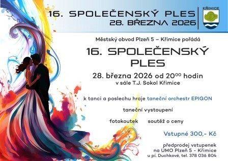 Pozvánka na 16. společenský ples Městského obvodu Plzeň 5 - Křimice