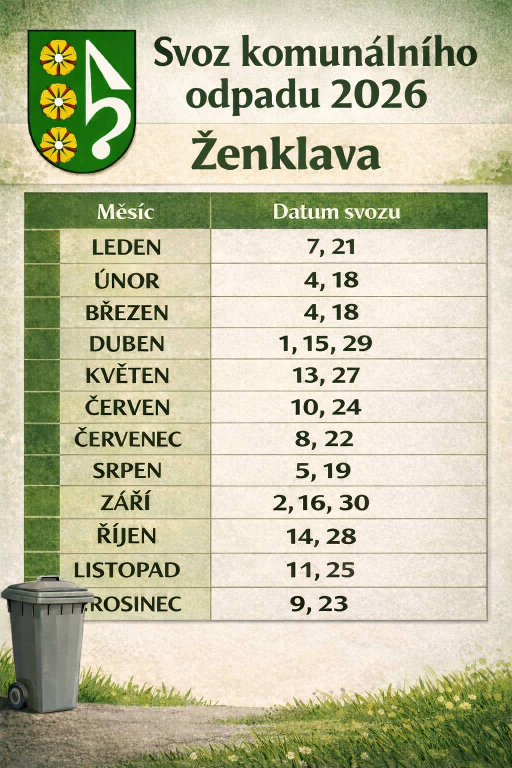Poplatek je ve výši 750,- Kč za osobu a rok. Splatnost poplatku je do 31.3.2026, a to buď v hotovosti na pokladně Obecního úřadu v úředních dnech nebo převodem na účet u ČS a.s. č. ú. 4758311329/0800. Jako variabilní symbol uveďte číslo popisné, specifický symbol 1345 a do zprávy pro příjemce napište počet osob. Nutné vyzvednutí nálepky na OÚ (barva štítku modrá). Na obecním úřadě je také možnost platit kartou. Bližší informace k poplatkům najdete v Obecně závazné vyhlášce obce Ženklava č.1/2023 o místním poplatku za provoz systému shromažďování, sběru, přepravy, třídění, využívání a odstraňování komunálních odpadů.