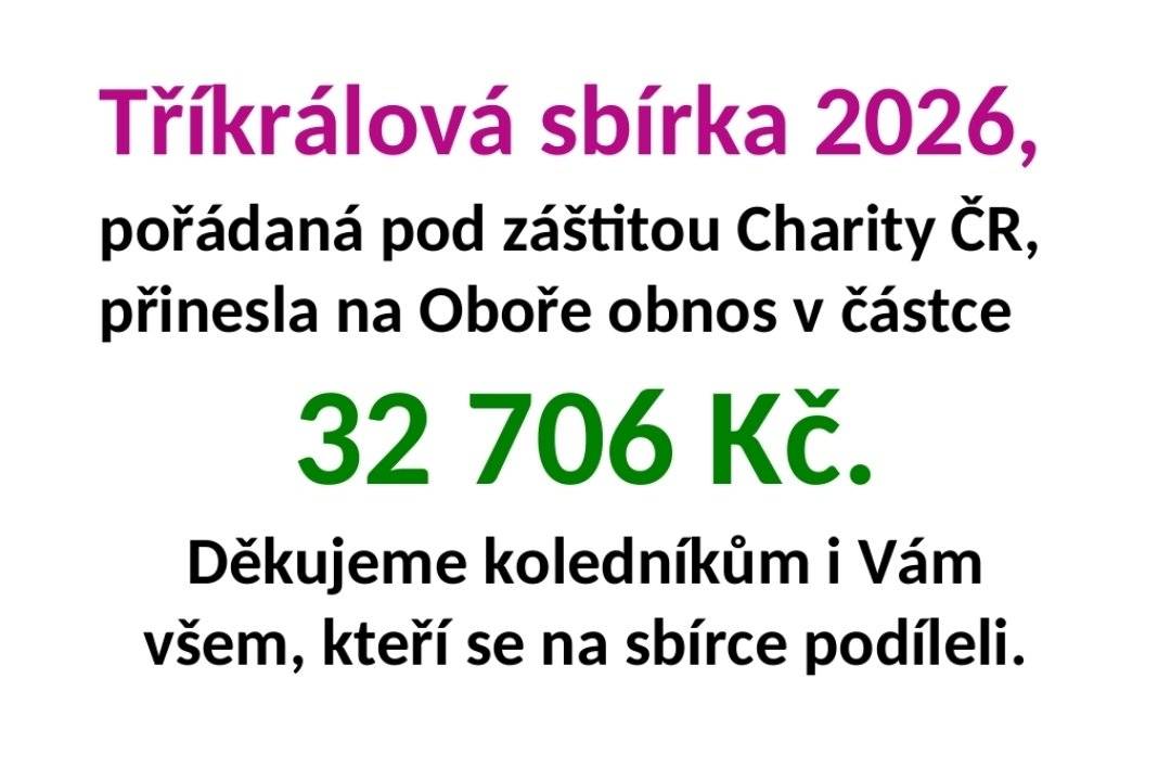 Tříkrálová sbírka 2026, pořádaná pod záštitou Charity ČR, přinesla na Oboře obnos v částce 32 706 Kč. Děkujeme koledníkům i Vám všem, kteří se na sbírce podíleli.