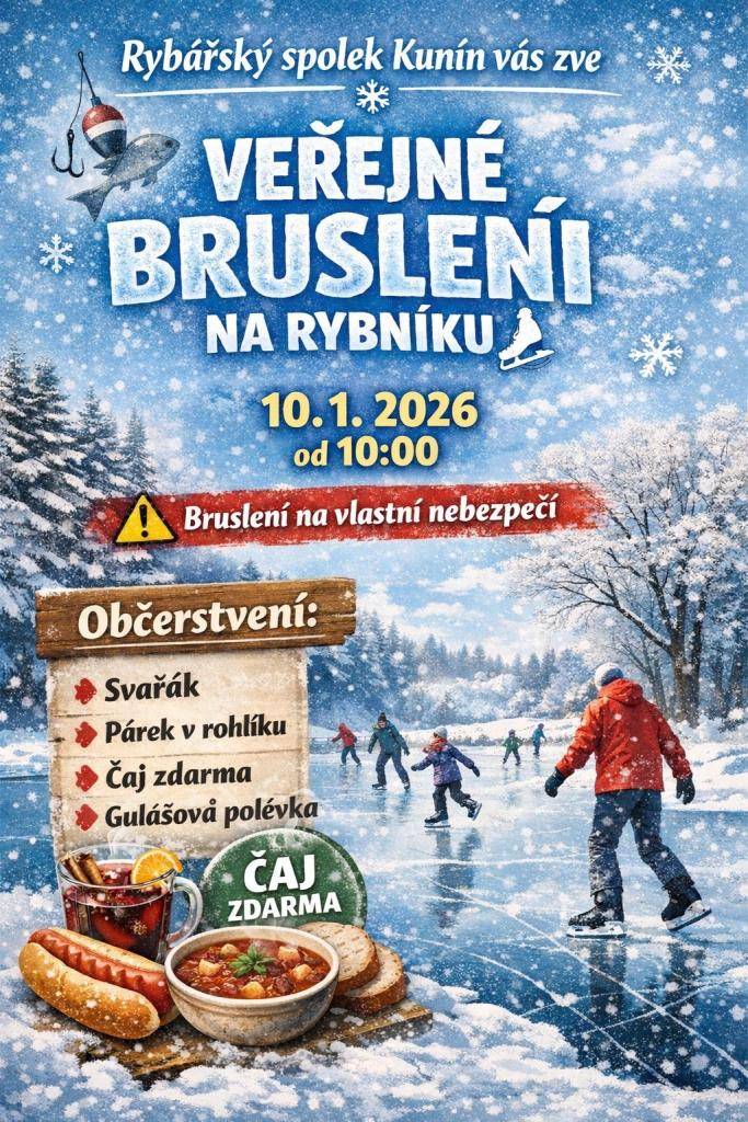Kde: na místním rybníku   Kdy: tuto sobotu 10. ledna od 10 hodin  Vstup na vlastní nebezpečí.   Připraveno bude také občerstvení-svařák, párek v rohlíku, čaj zdarma a gulášová polévka.