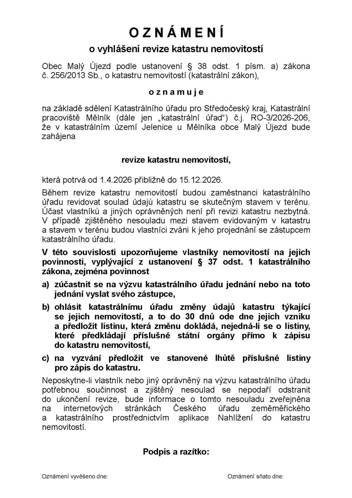 Oznámení o vyhlášení revize katastru nemovitostí