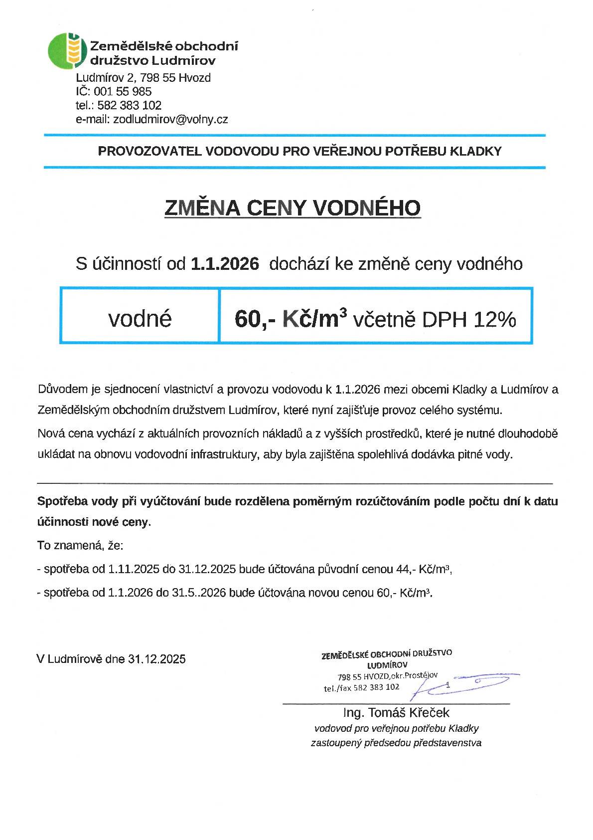 s účiností od 01.01.2026 dochází ke změně ceny vodného na 60,-Kč/m3 včetně DPH12%