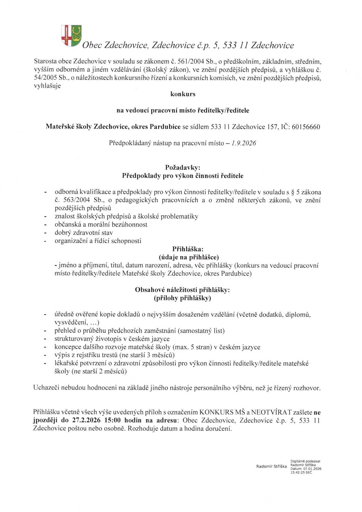 Konkurz na ředitele/ředitelku Mateřské školy Zdechovice