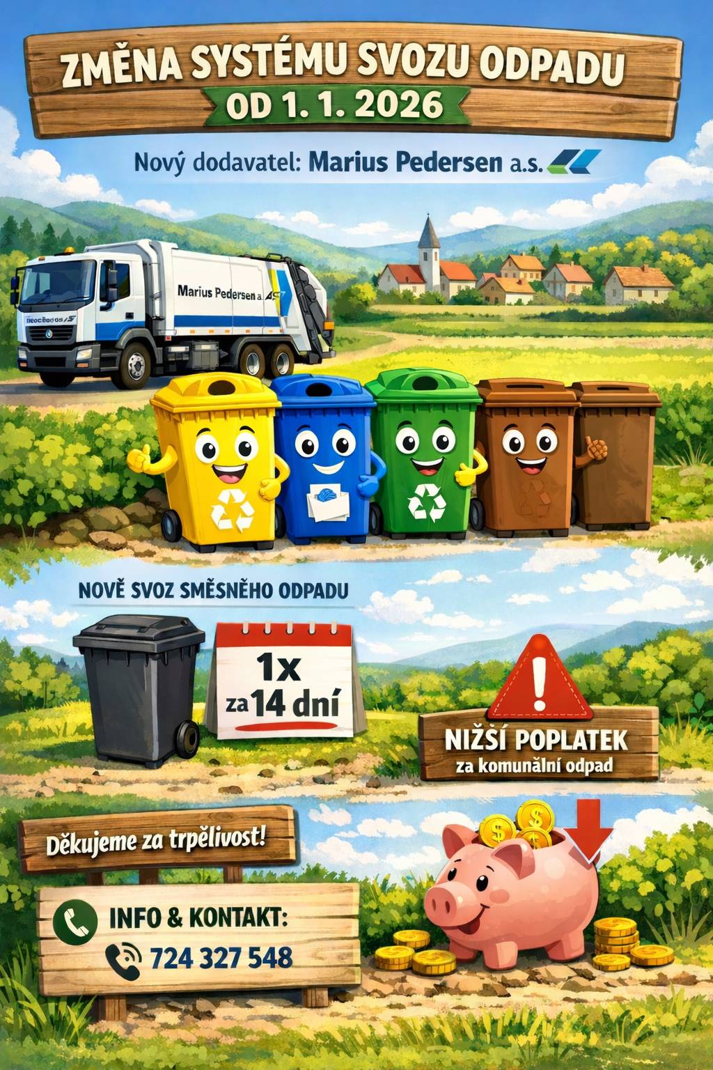 Od 1. ledna 2026 došlo v obci Kyselka ke změně dodavatele svozu komunálního i tříděného odpadu. Novým dodavatelem je společnost Marius Pedersen a.s., a to na základě hromadného výběrového řízení „Svoz a využití či odstranění odpadu pro vybrané obce Sdružení Krušné hory – západ“. Do projektu se zapojilo celkem 11 obcí a jeho hlavním cílem je snížení nákladů a sjednocení systému. V souvislosti s touto změnou byly postupně odvezeny velké nádoby na tříděný odpad (ve vlastnictví dosavadního dodavatele) ze sběrných hnízd a jsou postupně nahrazovány novými. Bohužel přechod neprobíhá zcela podle plánu – dodávka nových nádob je aktuálně ve skluzu a obec se může dočasně ocitnout bez těchto nádob. Víme, že je to nepříjemné. S novým dodavatelem jsme v úzkém kontaktu a byli jsme ubezpečeni, že se situace v průběhu příštího týdne vyřeší. Děkujeme všem občanům za trpělivost a pochopení – situaci aktivně řešíme s dodavatelem služeb. Co se mění? Podstatnou změnou je četnost svozu směsného komunálního odpadu, který bude svážen nejčastěji 1× za 14 dní. Svoz 1× týdně již není možný. Pro ty, kterých se tato změna týká, to samozřejmě znamená úměrné snížení poplatku za sběr komunálního odpadu. Dotazy a informace V případě dotazů, nejasností nebo individuálních požadavků se obracejte na sekretariát Obce Kyselka: 724 327 548. Děkujeme za spolupráci a ohleduplnost při třídění odpadu.