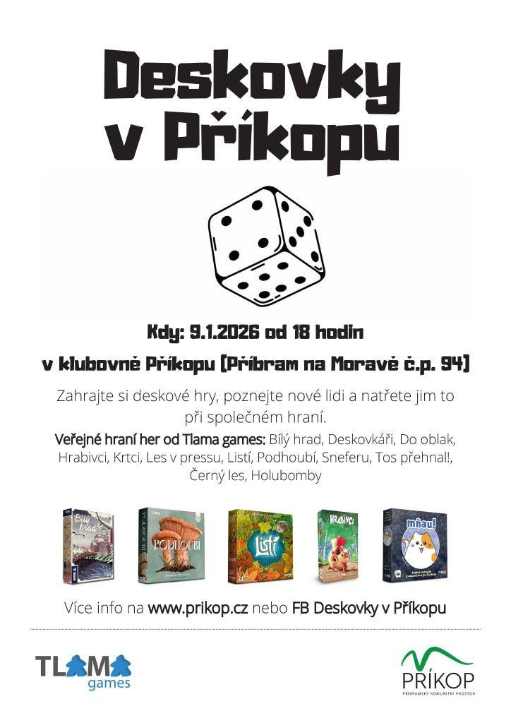vás srdečně zve na další setkání u deskových her. To se uskuteční v pátek 9.12. od 18 hodin. Máme zapůjčené nové hry od vydavatelství Tlama games. Drobné občerstvení zajištěno. Těšíme se na vás!