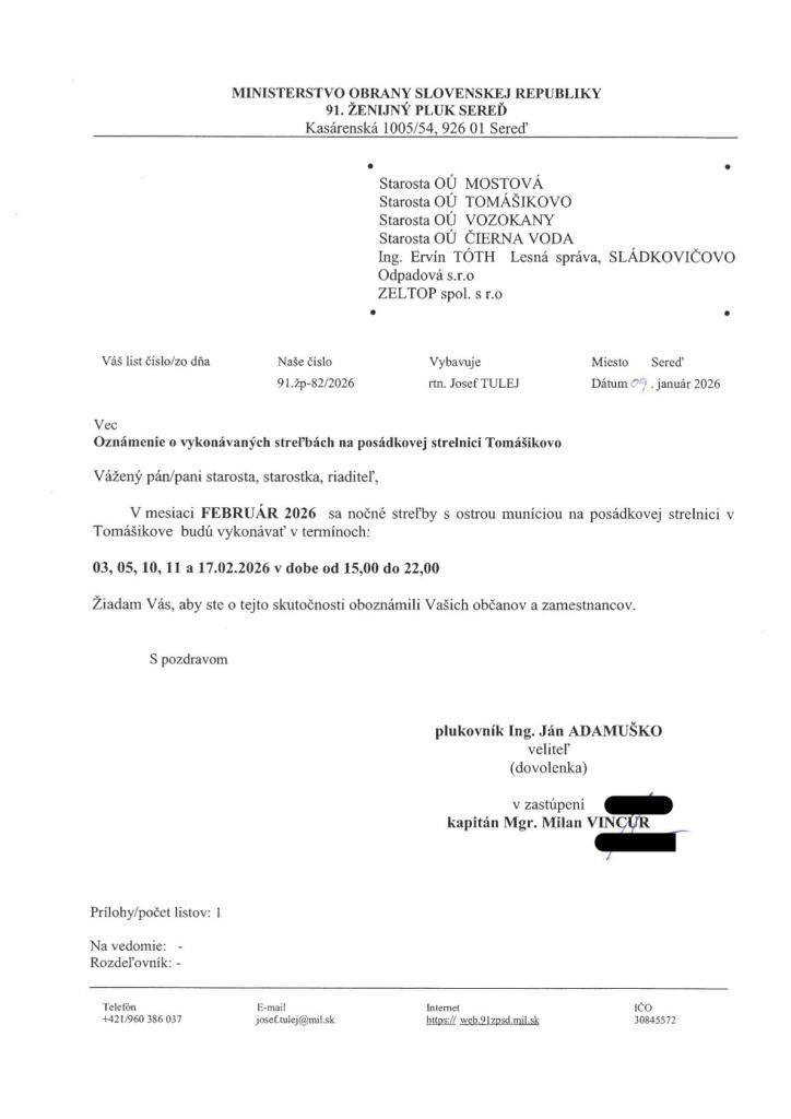 Oznámenie o vykonaní výcviku na strelnici v Tomášikove - streľby s ostrou muníciou - február 2026