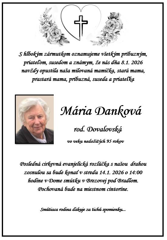 Smútočné oznámenie - Mária Danková, rod. Dovalovská