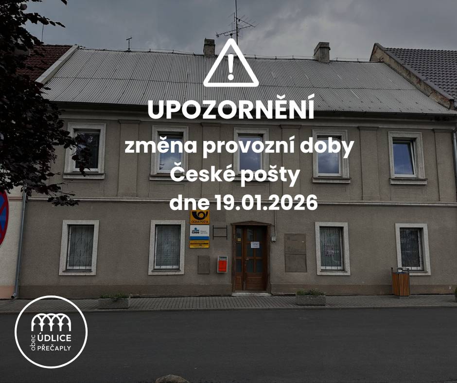 Vážení občané, upozorňujeme na změnu provozní doby České pošty dne 19.01.2026. Pošta bude otevřena od 8:00 do 13:45. Děkujeme za pochopení.
