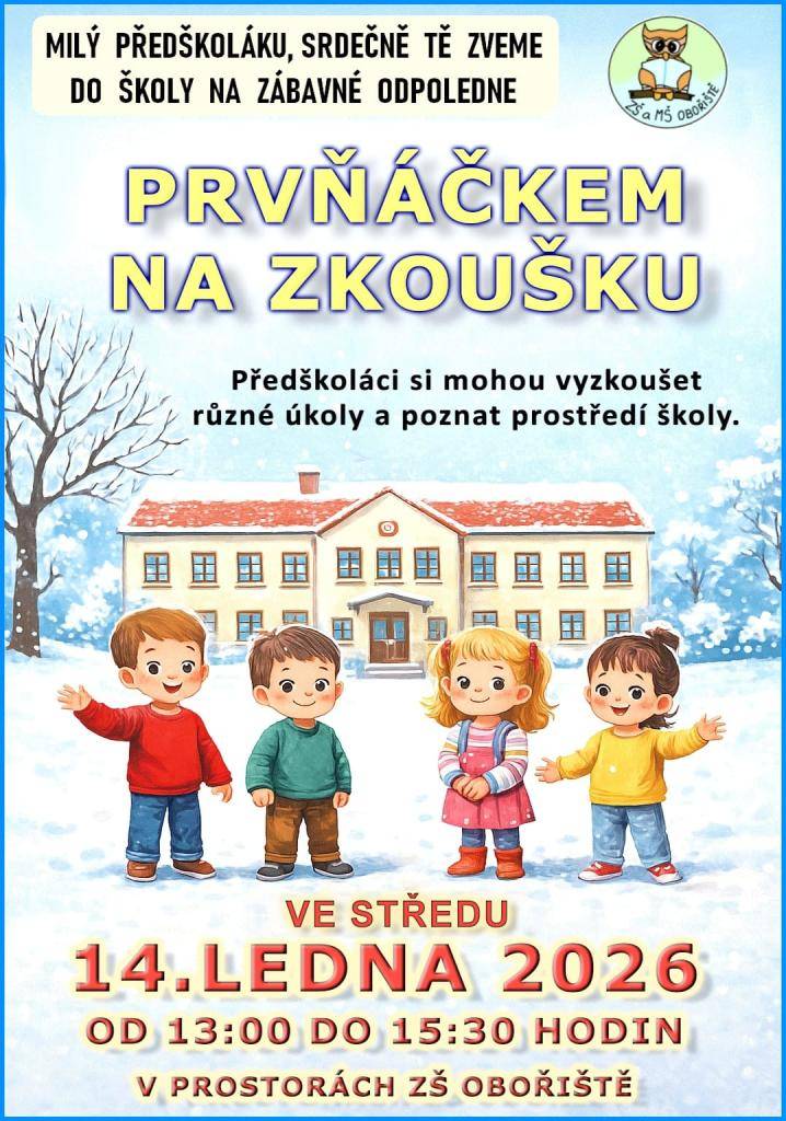 Srdečně zveme budoucí školáky do naší školy, aby si ji prohlédli a vyzkoušeli si nanečisto, co je od září čeká a nemine s připraveným programem PRVŇÁČKEM NA ZKOUŠKU.