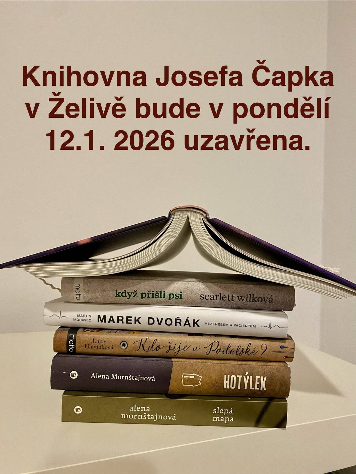 V pondělí 12. 1. 2026 bude knihovna uzavřena. Děkujeme za pochopení a přejeme všem příjemný zimní víkend.