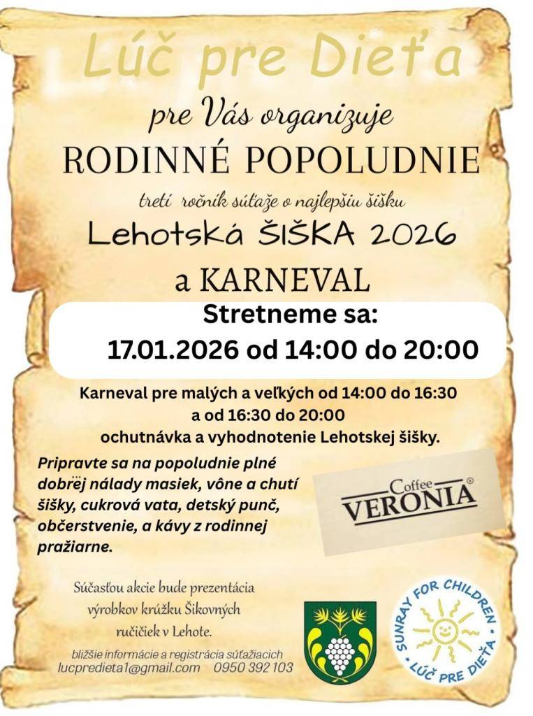 Lúč pre dieťa vás pozýva na najsladší karneval v Lehote a Lehotská šiška 2026.