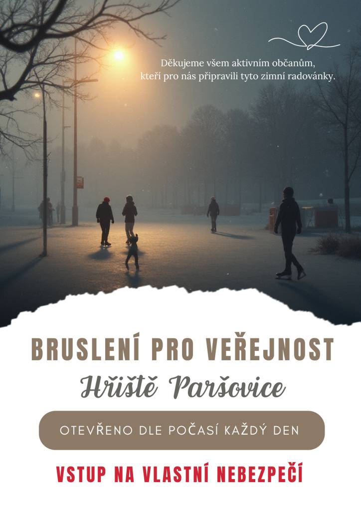 Děkujeme všem aktivním občanům, kteří se podíleli na přípravě a podílejí na údržbě ledové plochy. Díky jejich času a ochotě mohou děti i dospělí využívat tuto možnost k zimnímu sportovnímu vyžití a společnému setkávání. Přejeme všem bruslařům, aby si ledovou plochu užili bezpečně a s radostí.