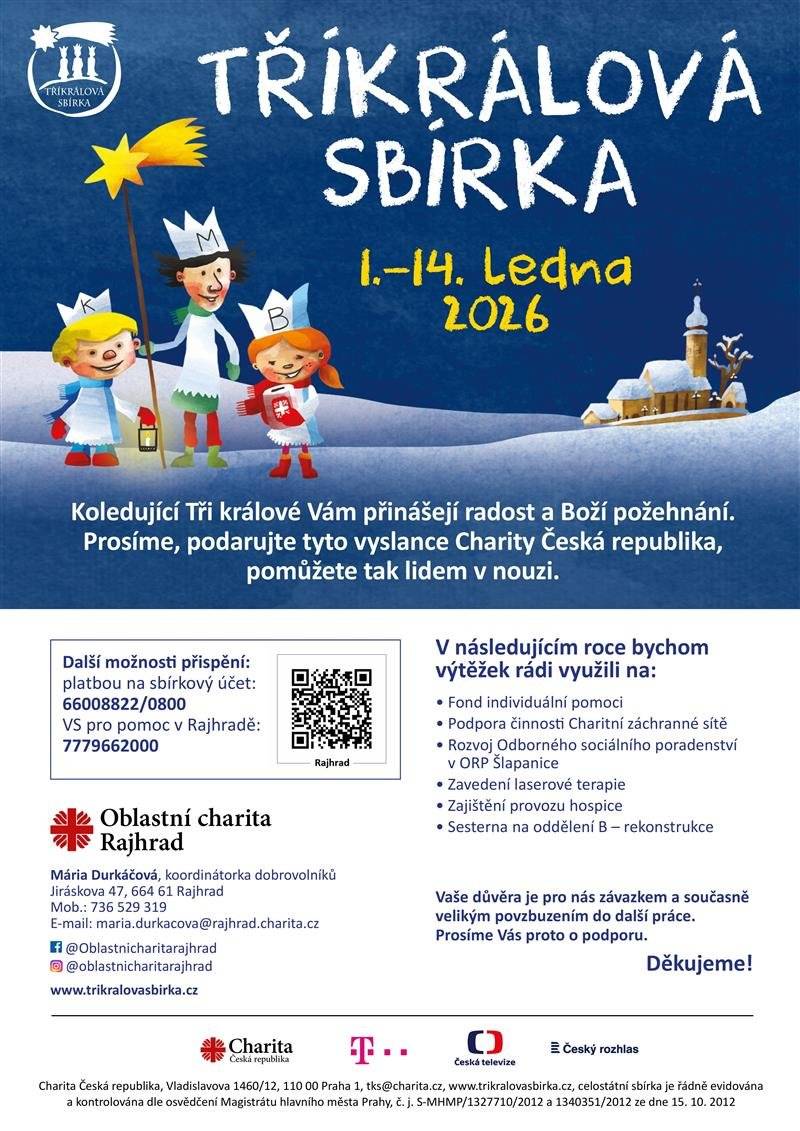 V sobotu 10.1.2025 od 13:00 hod. budou v Mrákotíně chodit koledníci s kasičkami na Tříkrálovou sbírku. Charita ČR děkuje za dary a vlídné přijetí.