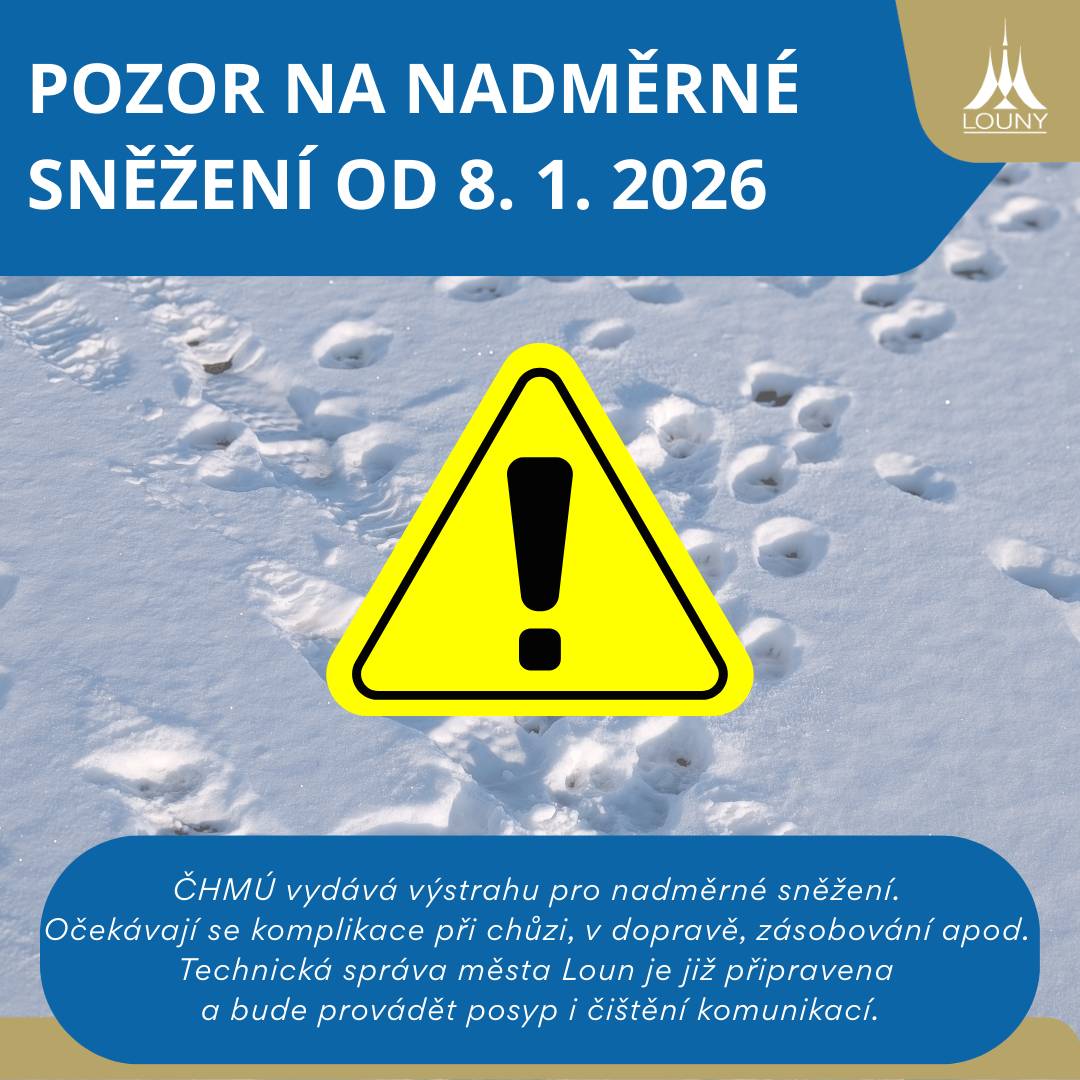 ČHMÚ vydává výstrahu pro nadměrné sněžení - očekávají se komplikace při chůzi, v dopravě, zásobování apod. Sněžení očekáváme již dnes ve večerních hodinách, přičemž nejvíce sněhu 3cm/h má napadnout v noci na zítra a zítra ráno i v Lounech a okolí. Sněžení bude pravděpodobně pokračovat i další hodiny. Technická správa města Loun je již připravena a bude provádět posyp i čištění komunikací. Prosíme řidiče i chodce v těchto zimních dnech o zvýšenou opatrnost! Především na chodnících může zůstávat v některých lokalitách sníh. Dávejte, prosím, na sebe a své blízké při pohybu na komunikacích pozor. Děkujeme za pochopení ❄️🚧 Přesné informace k výstrahám na webu https://vystrahy-cr.chmi.cz/