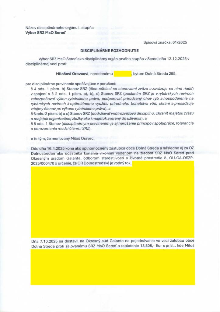 Oravca zo SRZ vylúčili za to že na základe splnomocnenia zastupoval obec Dolná Streda