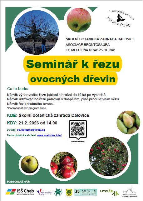 Seminář se uskuteční 21. února 2026 od 14:00. Během akce se účastníci naučí techniky výchovného a udržovacího řezu jabloní, hrušní a drobného ovoce.
