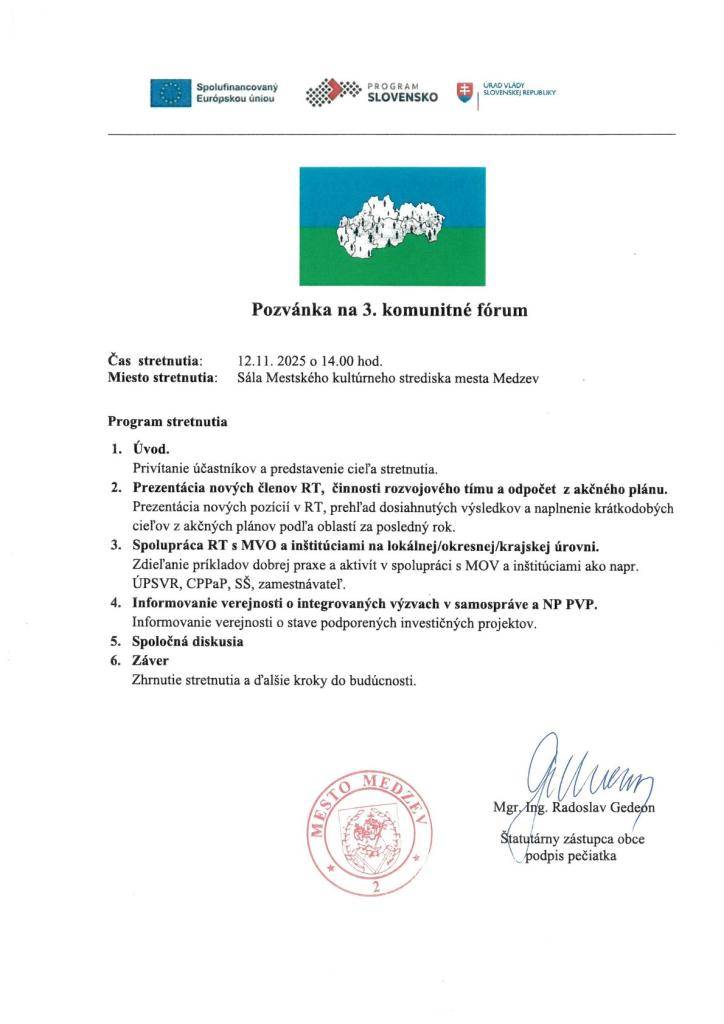 Pozvánka na 3. verejné zhromaždenie pod názvom:  "Komunitné fórum"