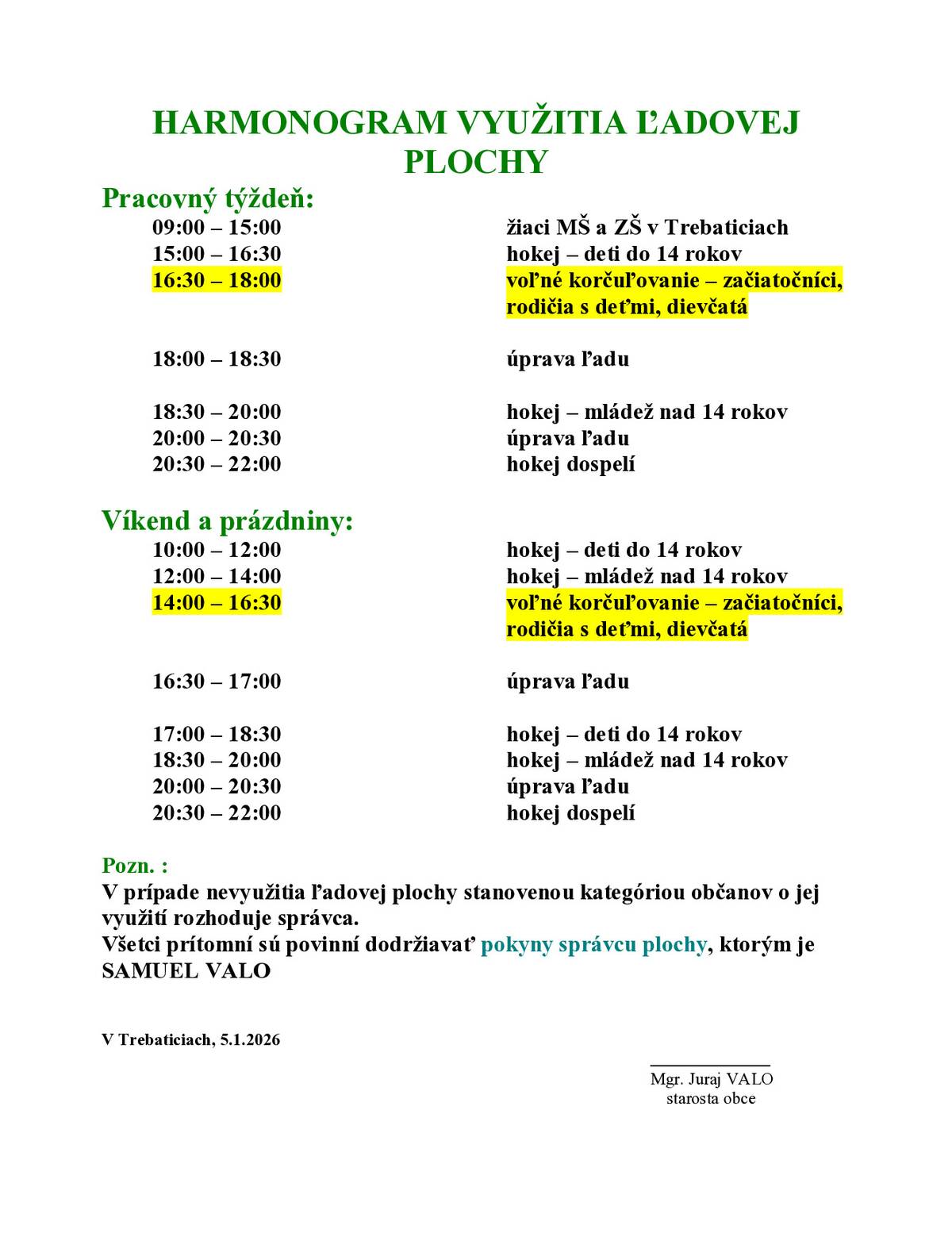 Od 5.1.2026 je v Areáli zdravia otvorené klzisko pre verejnosť. Harmonogram využitia