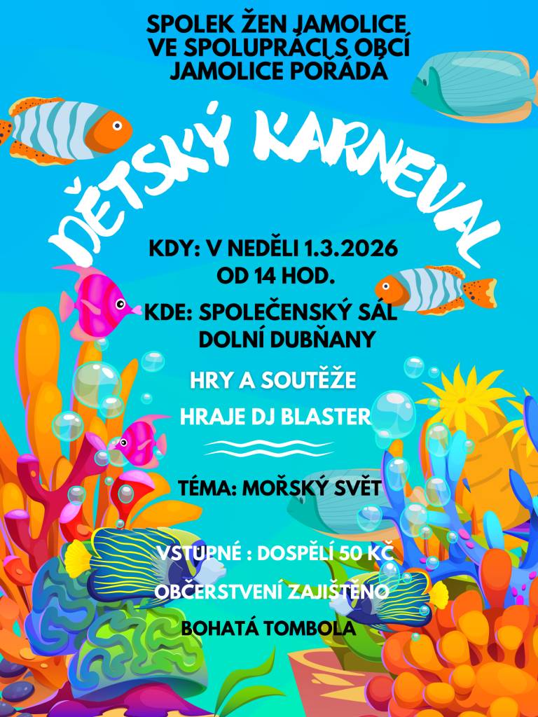 Dětský karneval - neděle 1.3.2026  od 14:00 hodin,  společenský sál Dolní Dubňany