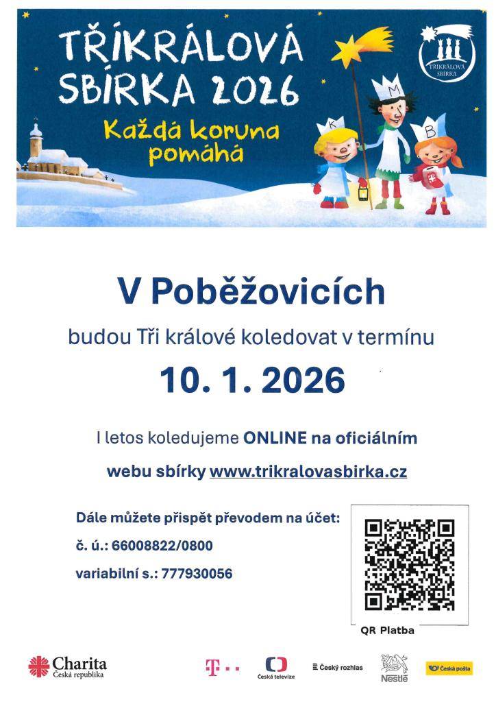Tříkrálová sbírka v Poběžovicích bude probíhat v sobotu 10. ledna 2026.