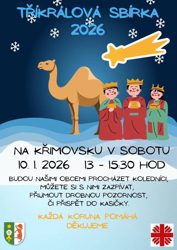 10.1.2026 proběhne v obcích na Křimovsku tradiční Tříkrálová sbírka