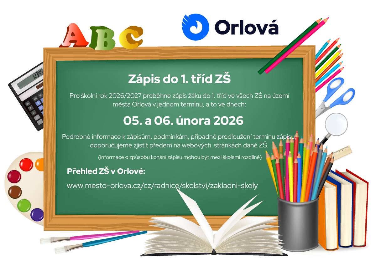 Zápis žáků do 1. tříd základních škol ve školním roce 2026/2027 proběhne v Orlové v jednotném termínu, a to ve dnech 5. a 6. února 2026.  Podrobné informace k zápisům najdete na webových stránkách jednotlivých škol. Způsob konání zápisu může být na školách rozdílný. K návštěvám škol mohou rodiče využít dny otevřených dveří poř...