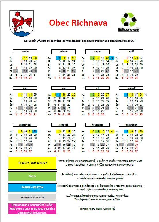 Kalendár vývozu zmesového komunálneho odpadu a triedeného zberu na rok 2026