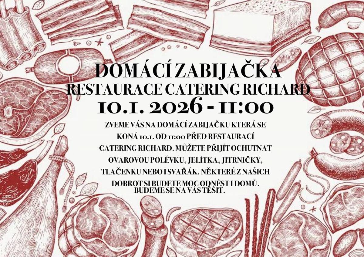 Jitrničky, jelítka, ovárek, škvarky a svařák! Přijďte na sobotní zabijačku od 11:00 před Restauraci catering Richard. Zabijačkové dobroty si můžete odnést i domů.