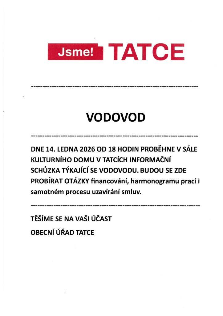 Vodovod - informační schůzka - 14.1.2026 od 18 hodin v KD Tatce