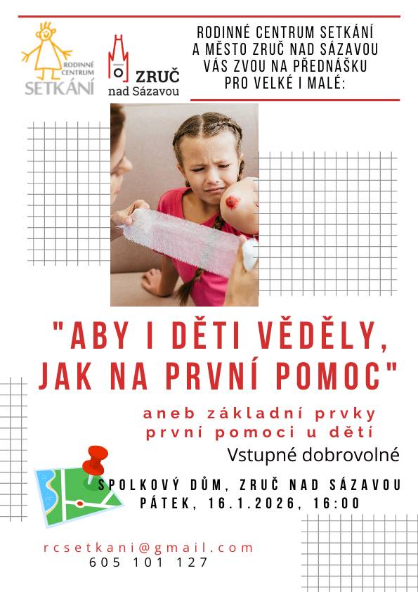 RC Setkání srdečně zve na přednášku ABY I DĚTI VĚDĚLY, JAK NA PRVNÍ POMOC. Malí i velcí poznají základní prvky první pomoci u dětí. Přednášku můžete navštívit 16. 1. 2026 od 16:00 ve Spolkovém domě. Vstupné dobrovolné. Těšíme se na vás.