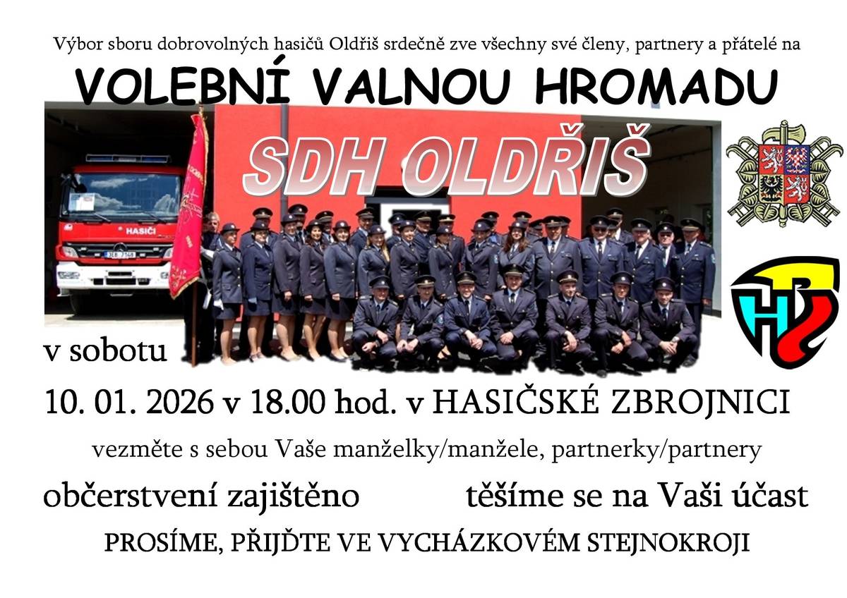 Připomínáme, že v sobotu 10.1.2026 se koná Výroční valná hromada SDH Oldřiš od 18.00 hod v hasičské zbrojnici.