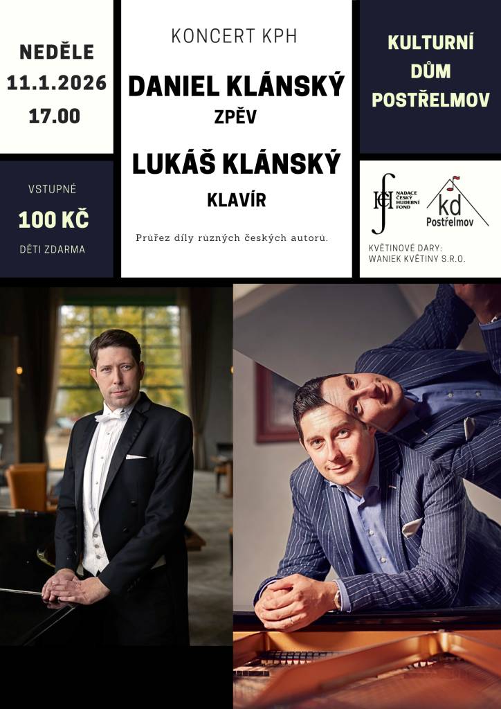 Neděle 11.1. v 17:00 hod. - KONCERT KPH: DANIEL A LUKÁŠ KLÁNŠTÍ  Pondělí 12.1. v 17:00 hod. - BESEDA S BYLINKÁŘEM KARLEM ŠTENBAUREM  Středa 14.1. v 17:30 hod. - Přednáška - DOC. MGR. MICHAL TÉRA - ŠAMANISMUS A KOUZELNÉ POHÁDKY  Středa 21.1. v 18:00 hod. -  Cestovatelská beseda - TOMÁŠ ŠTĚPÁN - KANÁR