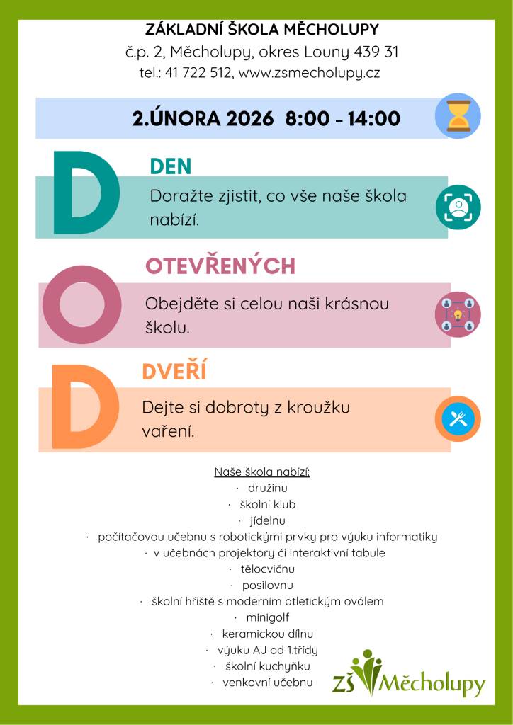 den otevřených dveří ZŠ Měcholupy  2. února 2026 od 08:00 do 14:00hodi